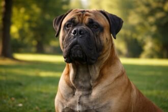 Bullmasztiff kutya portréja zöld háttérrel