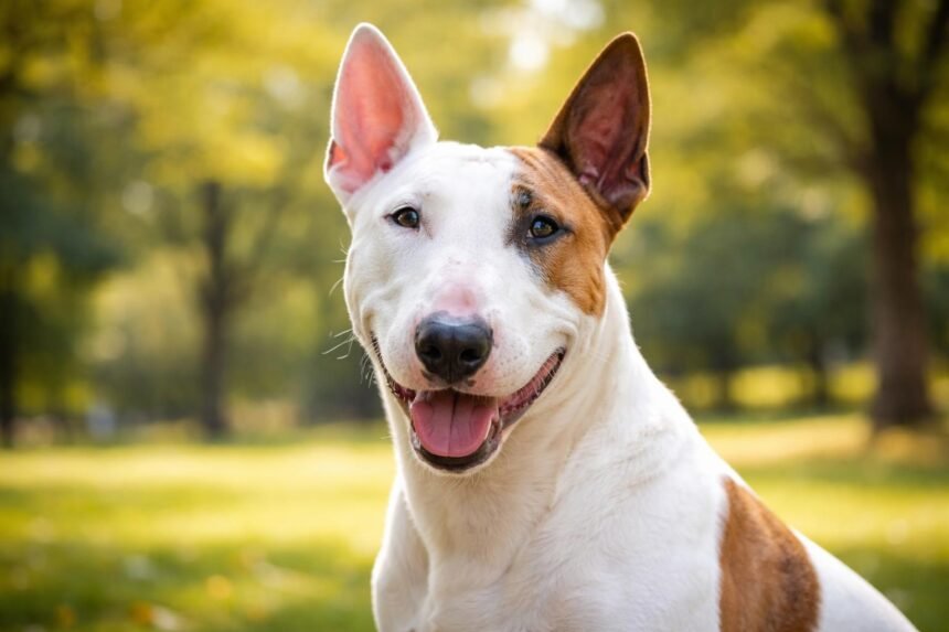 Egy boldog bullterrier kutya a zöld fűben.