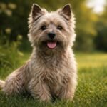 Vidám cairn terrier a fűben ülve