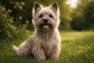Vidám cairn terrier a fűben ülve