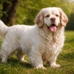 Egy Clumber spániel kutya a zöld fűben, boldogan állva.