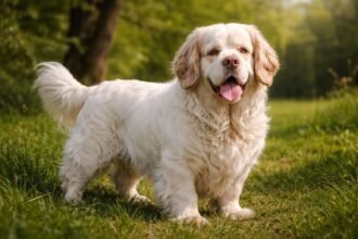 Egy Clumber spániel kutya a zöld fűben, boldogan állva.