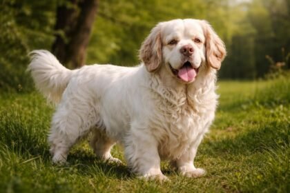 Egy Clumber spániel kutya a zöld fűben, boldogan állva.