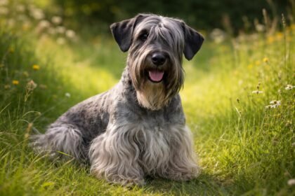 Cseh terrier a fűben, barátságos és játékos megjelenéssel.
