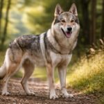 Csehszlovák farkaskutya a természetben, boldogan állva.