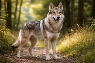 Csehszlovák farkaskutya a természetben, boldogan állva.
