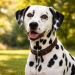 Egy boldog dalmata kutya a természetben, zöld háttérrel.