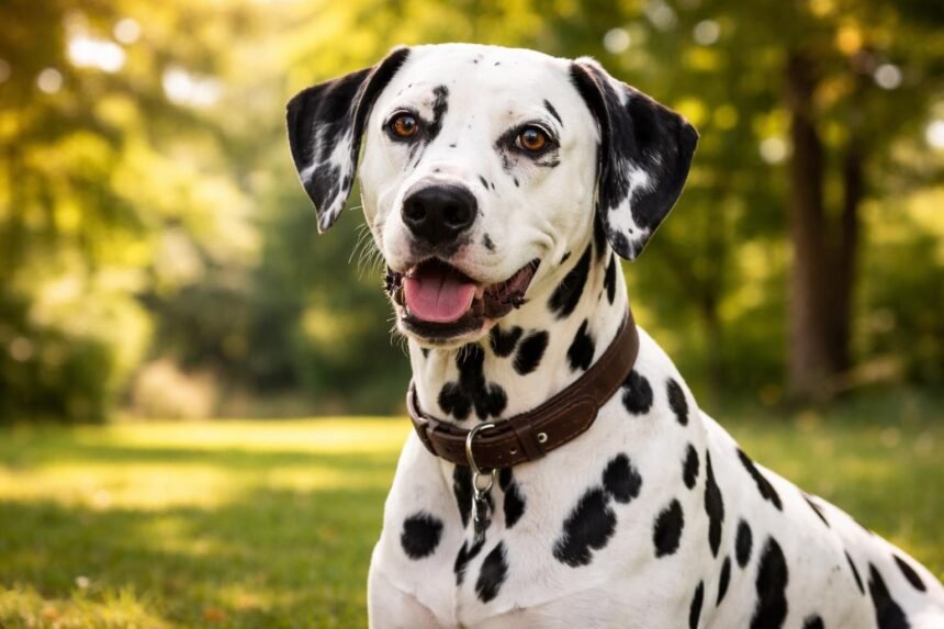 Egy boldog dalmata kutya a természetben, zöld háttérrel.