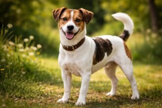 Vidám dán-svéd őrkutya a természetben