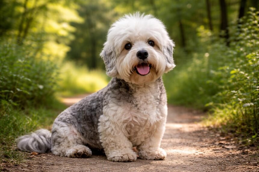 Barátságos Dandie Dinmont-terrier a zöld úton