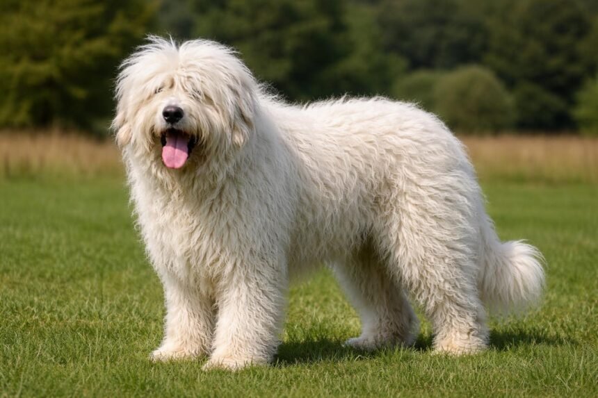 Délorosz juhászkutya a füves területen, vidám arccal.