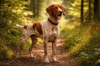 Egy drenti vizsla erdei ösvényen, boldogan állva.