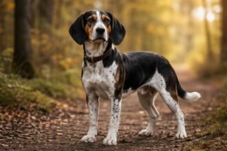 Norvég Dunker kutya az őszi erdőben