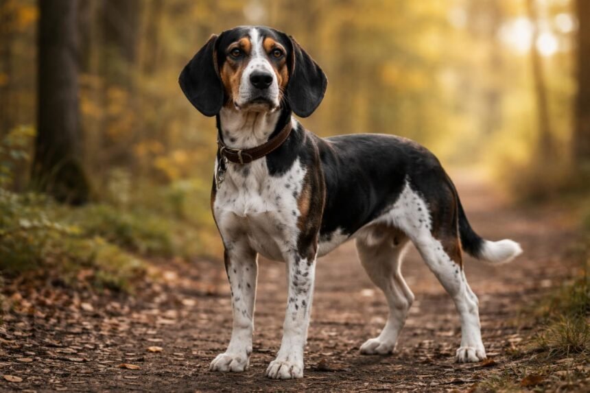 Norvég Dunker kutya az őszi erdőben
