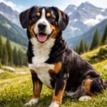 Entlebuchi havasi kutya gyönyörű tájban ülve a hegyek között.