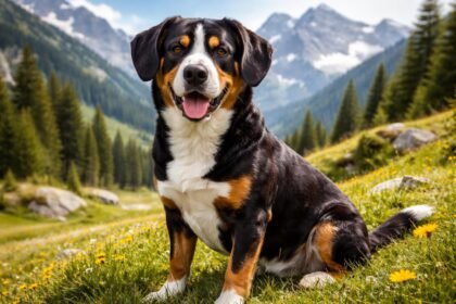 Entlebuchi havasi kutya gyönyörű tájban ülve a hegyek között.