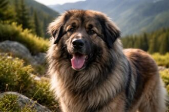 Estrelai hegyikutya a természetben, boldog kifejezéssel.