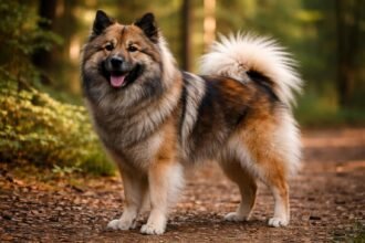 Eurázsiai kutya a természetben, boldogan állva