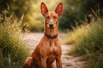 Fáraókutya ül egy ösvény mentén, zöld háttérrel