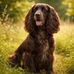 Field spániel kutya a természetben, napsütésben ülve