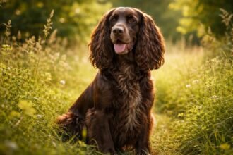 Field spániel kutya a természetben, napsütésben ülve