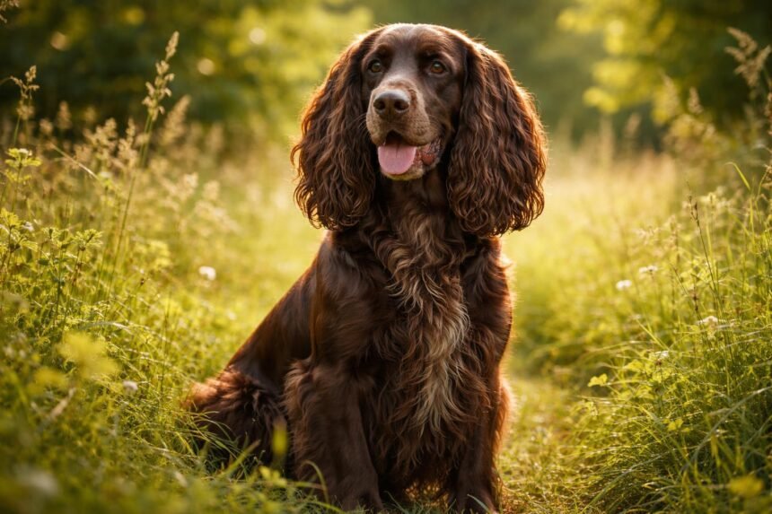 Field spániel kutya a természetben, napsütésben ülve
