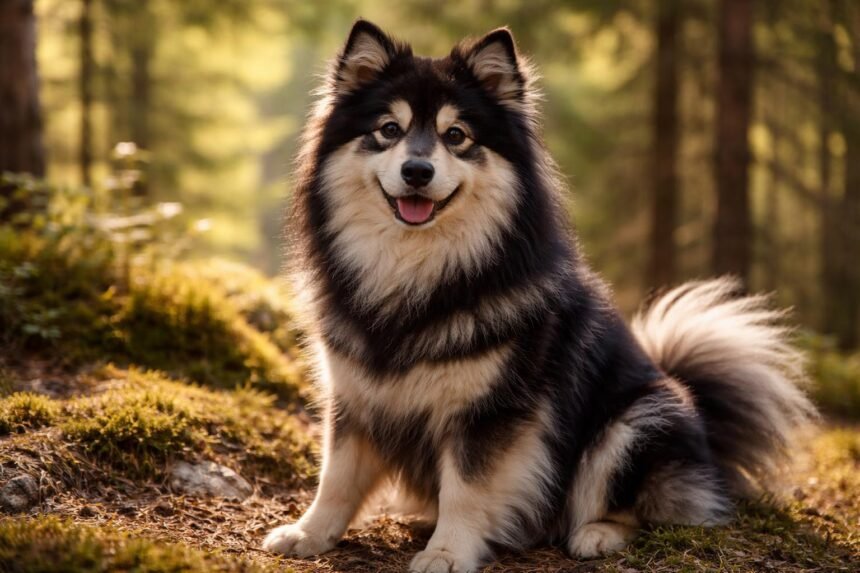 Finn lapphund kedves arckifejezéssel a természetben