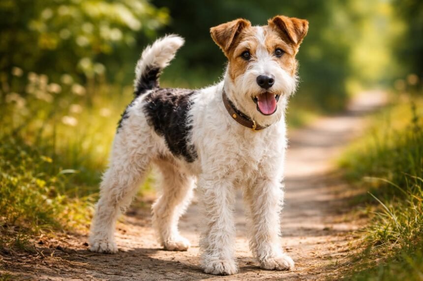 Egy boldog foxterrier sétál a természetben.
