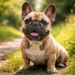 Francia buldog a természetben, boldogan ülve az úton.