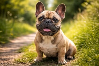 Francia buldog a természetben, boldogan ülve az úton.