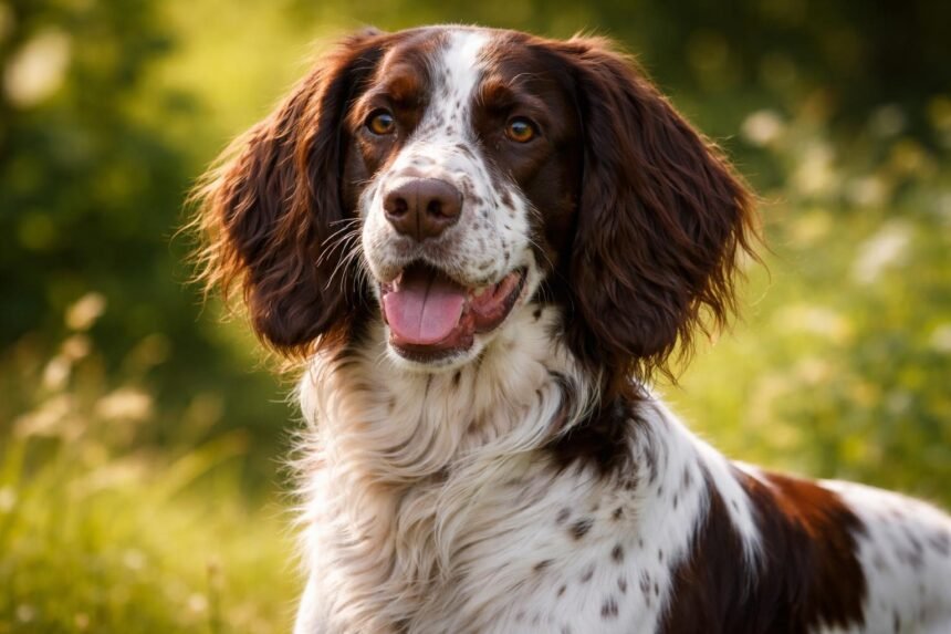 Francia spániel kutya tavaszi zöldben