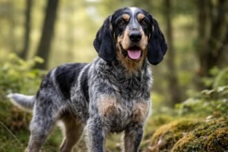 Gascogne-i kék griffon erdőben, figyelmes arccal.