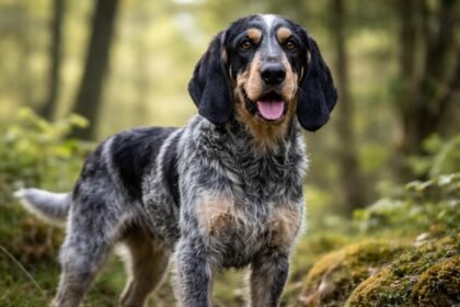 Gascogne-i kék griffon erdőben, figyelmes arccal.