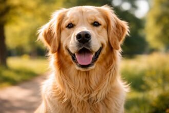 Barátságos golden retriever mosolygós arccal a természetben