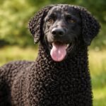 Göndörszőrű retriever mosolygó arca a zöld fűben.