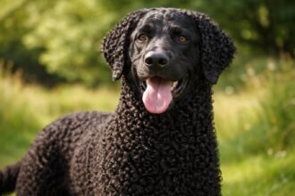 Göndörszőrű retriever mosolygó arca a zöld fűben.