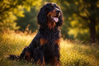 Elegáns gordon szetter a napfényben, büszkén ülve a fűben