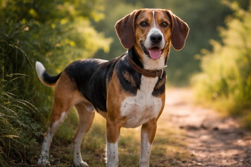 Görög kopó a természetben, vidám arckifejezéssel.