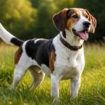 Halden kopó kutya zöld fűben, boldog és egészséges megjelenéssel.