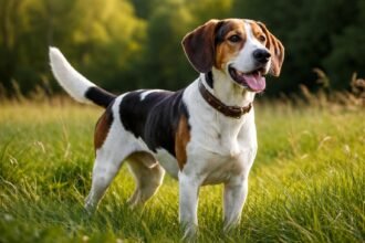 Halden kopó kutya zöld fűben, boldog és egészséges megjelenéssel.