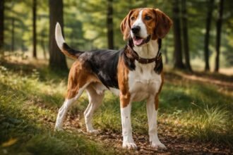 Hamilton-kopó kutya a természetben, vidám és egészséges megjelenéssel.