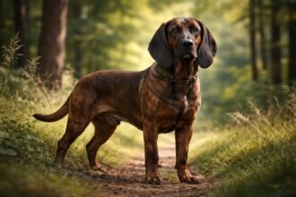 Hannoveri véreb erdőben, hűséges és szimatoló vadászkutya