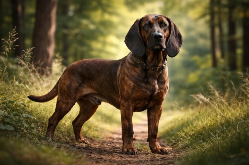 Hannoveri véreb erdőben, hűséges és szimatoló vadászkutya