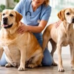 Két kutya átvizsgálása állatorvos által, az alultápláltság és túlsúly jelei