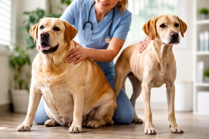 Két kutya átvizsgálása állatorvos által, az alultápláltság és túlsúly jelei