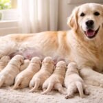 Egy kutya és kölykei szoptatás közben, otthonos környezetben.