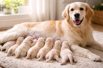 Egy kutya és kölykei szoptatás közben, otthonos környezetben.