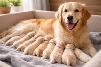 Egy kutya és kölykei alommal egy kényelmes helyen.