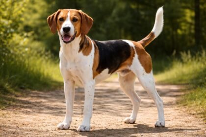 Egy energikus harrier kutya áll egy földúton, mosolyogva.