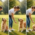 Egy nő kutyát tanít feküdni a szabadban, türelemmel és jutalmazással.